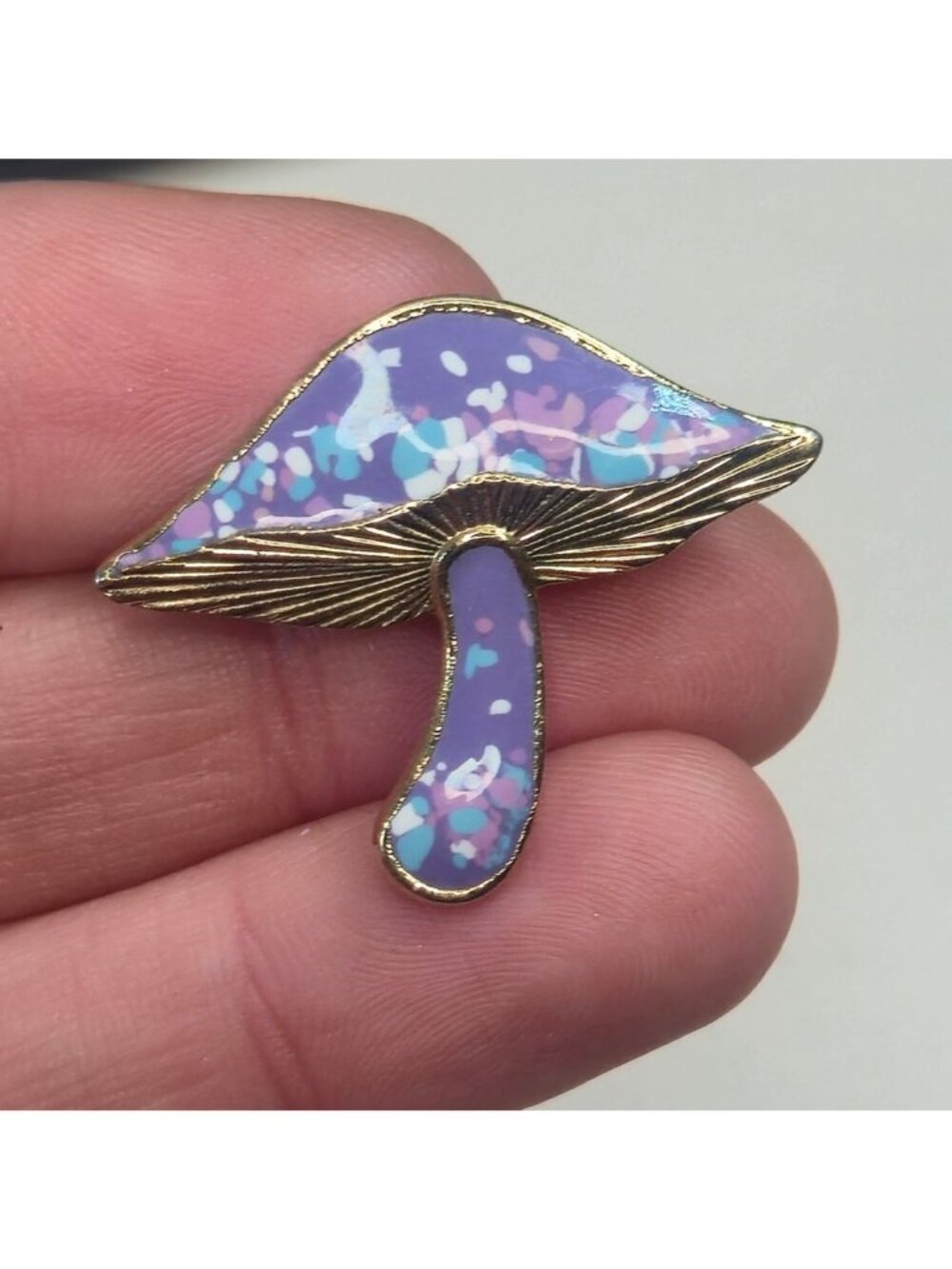 Enamel Mushroom Brooch Purple & Gold-Tone Speckled Whimsical Nature-Inspired Pi - Picture 7 of 8